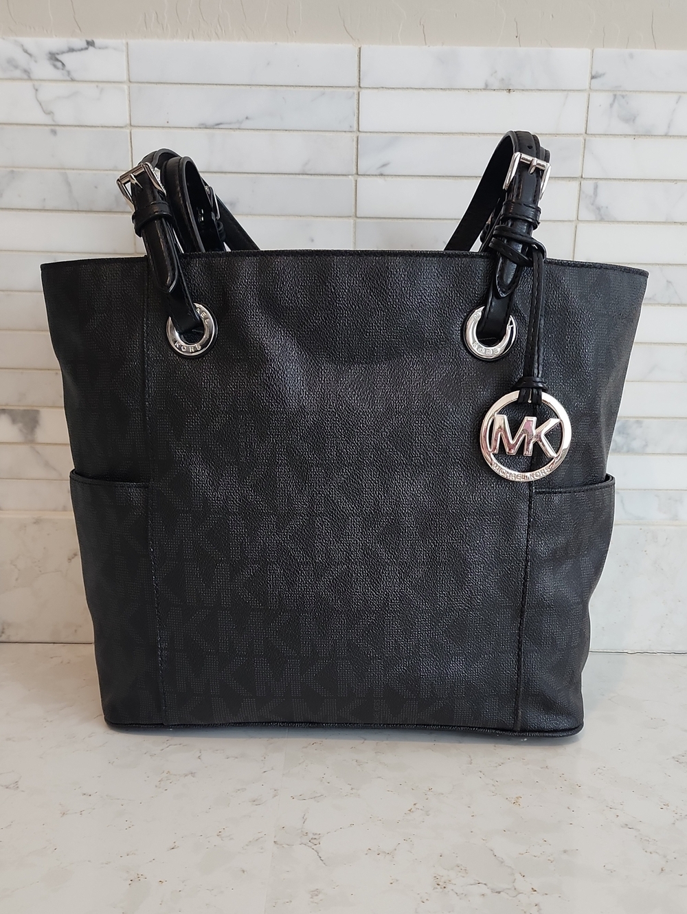 Michael Kors Black Signature Tote with MK Charm
